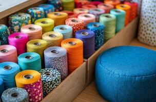 Colorful threads and vibrant fabric rolls in a craft room showcasing a variety of sewing materials photo