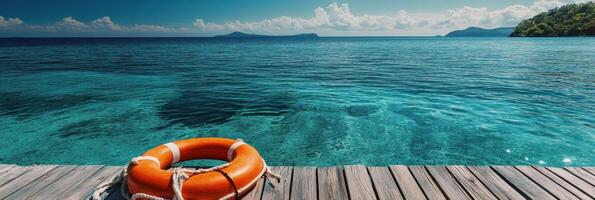 Lifebuoy on a wooden dock overlooking tranquil turquoise waters in a sunny coastal setting photo