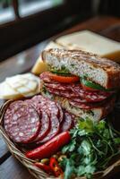 A fresh assortment of meats, cheeses, and vegetables arranged on a rustic wooden table photo