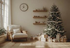 Cozy winter living room with Christmas tree and neatly wrapped gifts in warm sunlight photo