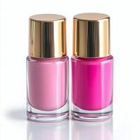 Vibrant pink nail polish bottle on a light background with soft shadows photo
