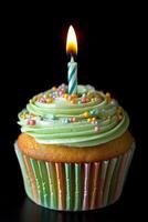 A beautifully decorated cupcake with green frosting and a birthday candle on top in a dark setting photo