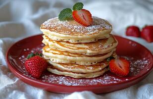 Fluffy pancakes stacked high on a red plate, garnished with strawberries and mint leaves photo