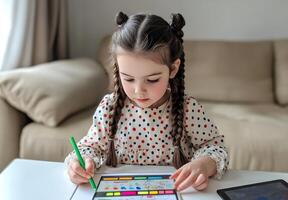 Young girl with braids engages in creative activity using a tablet in a bright living room setting photo