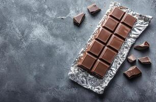Rich chocolate bar wrapped in foil on a textured gray surface photo