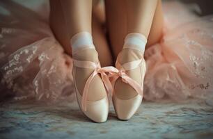 Ballet dancer prepares for performance in soft pink tutu and delicate pointe shoes at dance studio photo
