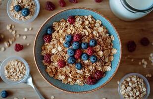 Healthy breakfast bowl with oat flakes, fresh berries, and milk on a wooden table in the morning photo