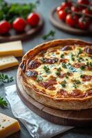 Delicious homemade quiche displayed on a wooden board with fresh ingredients around photo