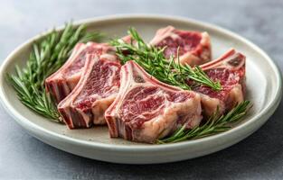 Fresh lamb chops accompanied by parsley on a textured gray countertop ready for cooking photo