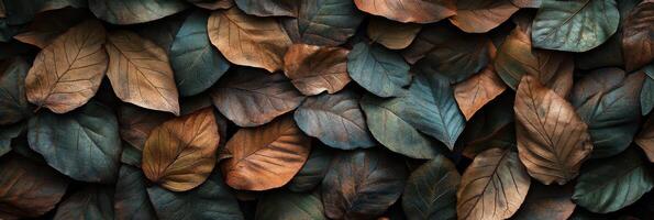 A collection of dried leaves in varying colors arranged in a natural pattern on the ground photo