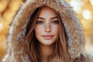 Young woman wearing a fur lined hooded coat amidst autumn leaves in a serene outdoor setting photo