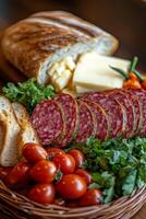 A fresh assortment of meats, cheeses, and vegetables arranged on a rustic wooden table photo