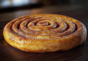 Freshly baked cinnamon rolls displayed on a wooden table with a golden glaze and spiraled tops photo