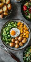Healthy breakfast bowl with green vegetables, potatoes, egg, and mango arranged on a rustic table photo