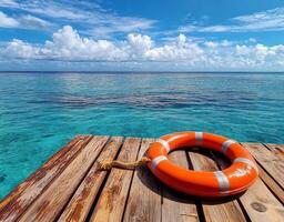 Bright orange lifebuoy resting on a wooden dock overlooking tranquil blue waters on a sunny day photo