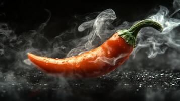 Bright red chili pepper with droplets and smoke elegantly swirling around it on a dark background photo
