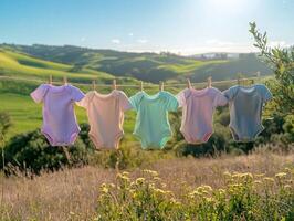Colorful baby onesies drying in the breeze on a sunny evening in the countryside photo