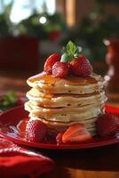 Delicious stack of fluffy pancakes topped with fresh strawberries and maple syrup on a cozy table photo