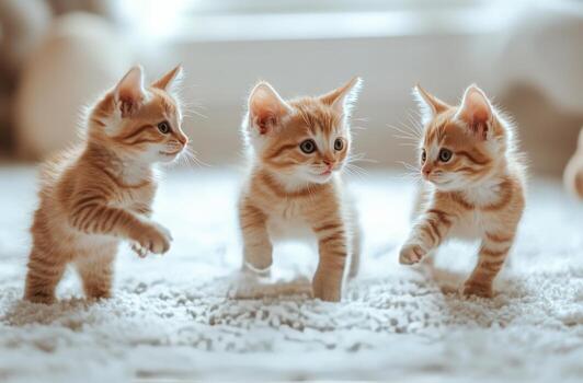 Three playful kittens run across a soft carpet in a cozy indoor setting during the day photo