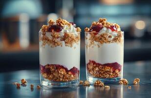 Delicious layered yogurt parfaits with granola and berry compote on a dark serving plate photo