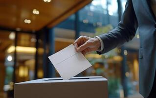 A man casting his vote in an urban polling station during local elections in the afternoon photo