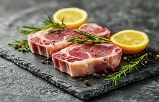 Fresh lamb chops accompanied by parsley on a textured gray countertop ready for cooking photo