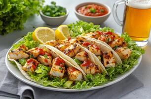 Delicious shrimp tacos served with fresh lettuce, lemon, and a side of beer in a cozy setting photo