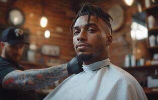 A young man enjoying a fresh haircut in a vibrant barbershop with a relaxed atmosphere photo