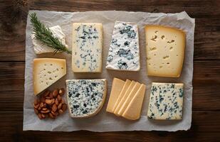 Assorted cheeses arranged on parchment paper showcasing a variety of textures and colors photo