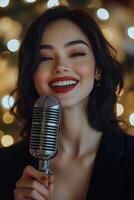 A young woman sings joyfully while holding a microphone in front of festive holiday lights photo