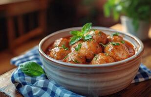 Homemade meatballs simmering in rich tomato sauce on a wooden table garnished with herbs photo
