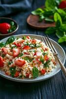 Fresh strawberry salad with rice and basil served on a wooden table with a side of berries photo