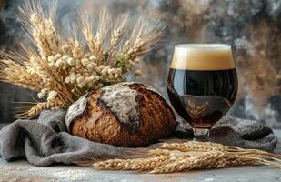 Freshly baked sesame bread alongside a dark pint of beer on a rustic table with wheat photo