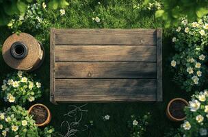 Gardening setup with plant pots, flowers, and soil on a sunny day in a backyard photo