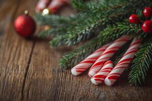 Festive Christmas decorations with candy canes and pinecones on a wooden surface photo