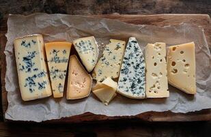 Assorted cheeses arranged on parchment paper showcasing a variety of textures and colors photo