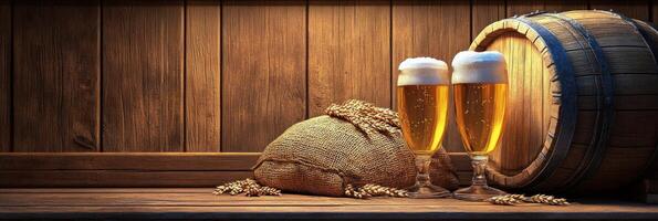 Two glasses of beer beside a wooden barrel and grains on a rustic table at a brewery photo