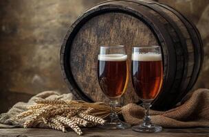 Craft beer served in glasses with barley next to a wooden barrel on a rustic table photo