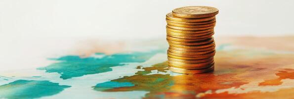 Stacks of coins positioned on a vibrant world map representing global finance concepts photo