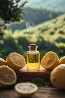 Lemon oil bottle surrounded by fresh lemons in a sunlit garden setting during autumn photo