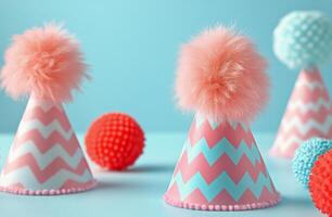 Vibrant party hats with pom poms and fluffy trim on a bright blue background photo