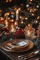 Elegant holiday dining setup with golden decor and warm candlelight at a festive gathering photo