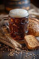 A dark beer served with freshly baked bread and grains on a rustic wooden table setting photo