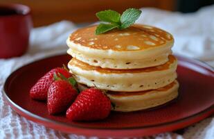 Fluffy pancakes stacked high on a red plate, garnished with strawberries and mint leaves photo