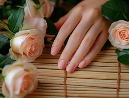 Delicate hand resting on a bamboo mat surrounded by soft pink roses in a serene setting photo