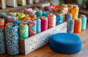Colorful threads and vibrant fabric rolls in a craft room showcasing a variety of sewing materials photo