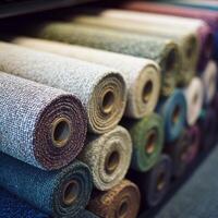 Variety of colorful rolls of carpet displayed in a home improvement store photo