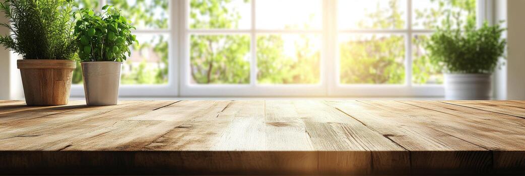 Sunlight streaming through windows illuminates wooden table with potted plants photo