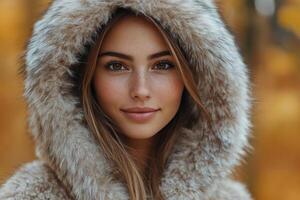 Young woman wearing a fur lined hooded coat amidst autumn leaves in a serene outdoor setting photo