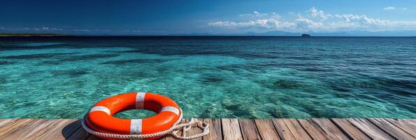 Lifebuoy on a wooden dock overlooking tranquil turquoise waters in a sunny coastal setting photo